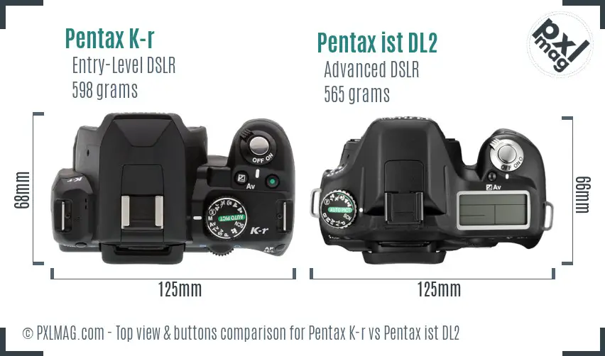 Pentax K-r vs Pentax ist DL2 top view buttons comparison