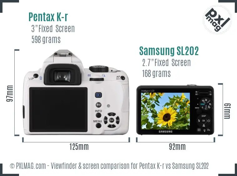 Pentax K-r vs Samsung SL202 Screen and Viewfinder comparison