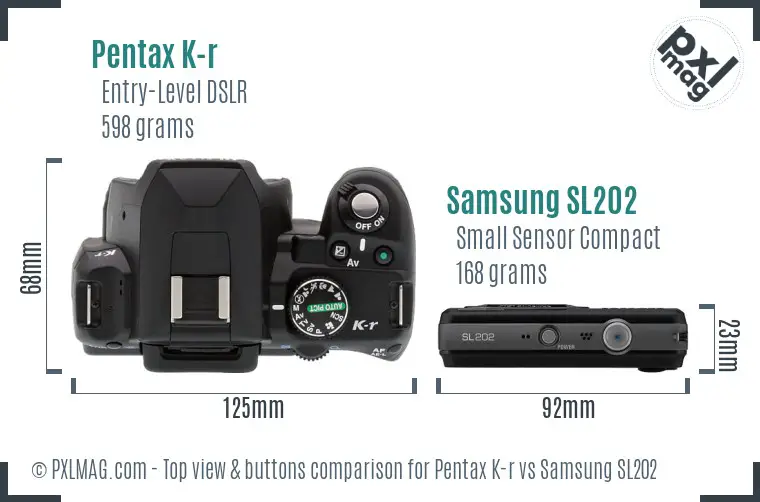 Pentax K-r vs Samsung SL202 top view buttons comparison