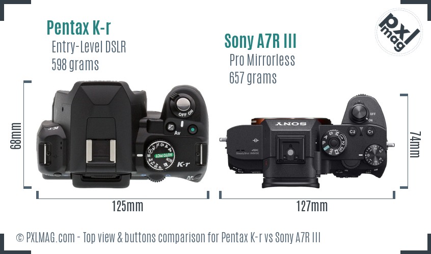 Pentax K-r vs Sony A7R III top view buttons comparison