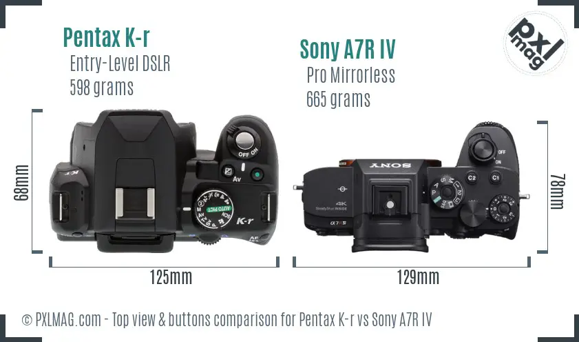 Pentax K-r vs Sony A7R IV top view buttons comparison