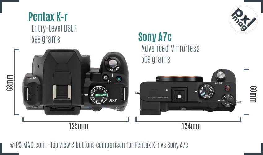 Pentax K-r vs Sony A7c top view buttons comparison