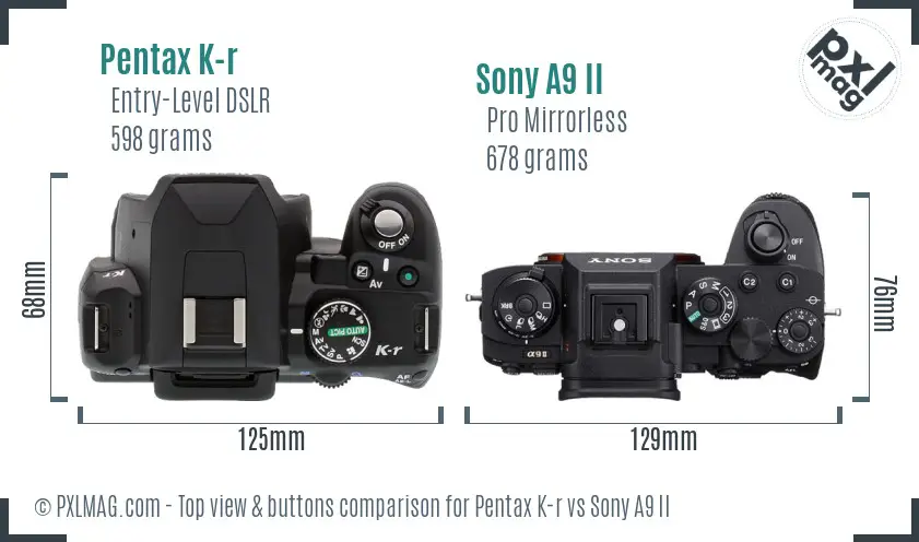 Pentax K-r vs Sony A9 II top view buttons comparison