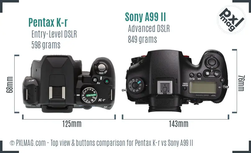 Pentax K-r vs Sony A99 II top view buttons comparison