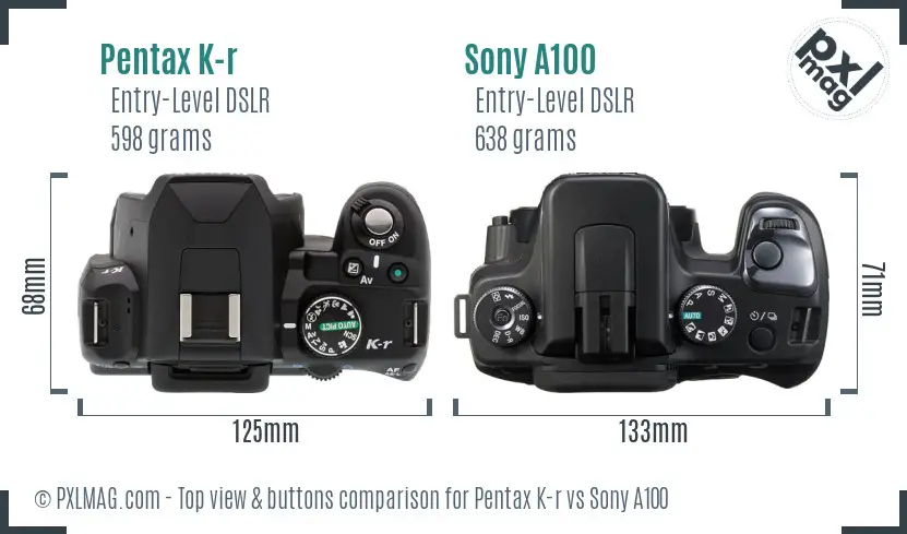 Pentax K-r vs Sony A100 top view buttons comparison