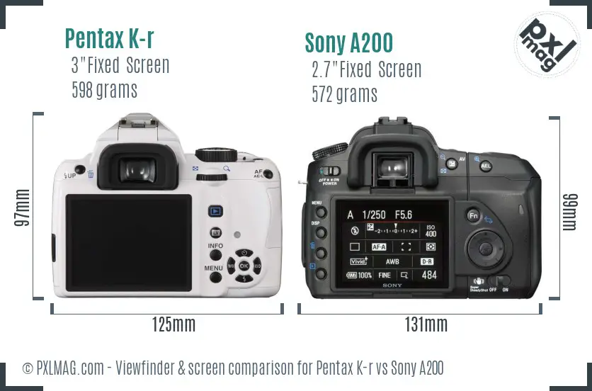 Pentax K-r vs Sony A200 Screen and Viewfinder comparison