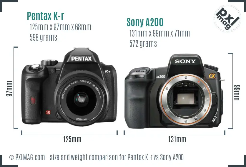 Pentax K-r vs Sony A200 size comparison