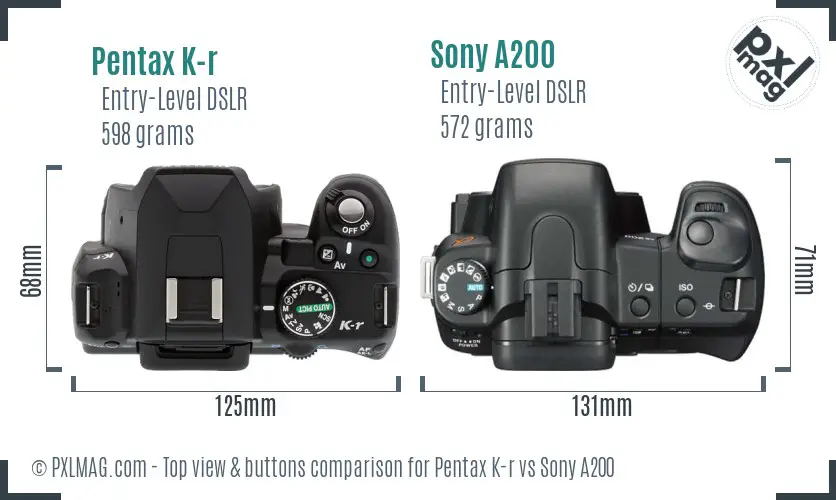 Pentax K-r vs Sony A200 top view buttons comparison