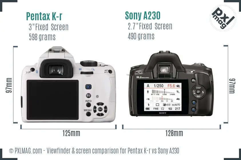 Pentax K-r vs Sony A230 Screen and Viewfinder comparison