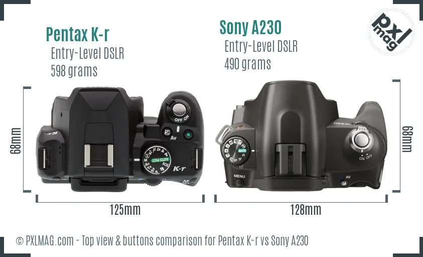 Pentax K-r vs Sony A230 top view buttons comparison
