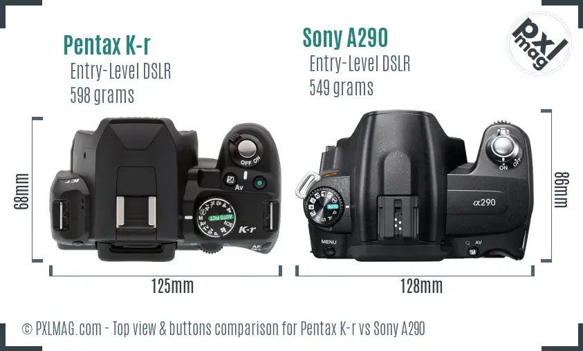 Pentax K-r vs Sony A290 top view buttons comparison