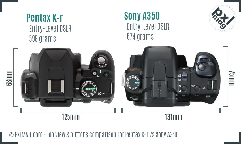 Pentax K-r vs Sony A350 top view buttons comparison
