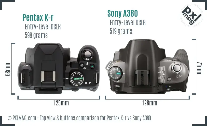 Pentax K-r vs Sony A380 top view buttons comparison