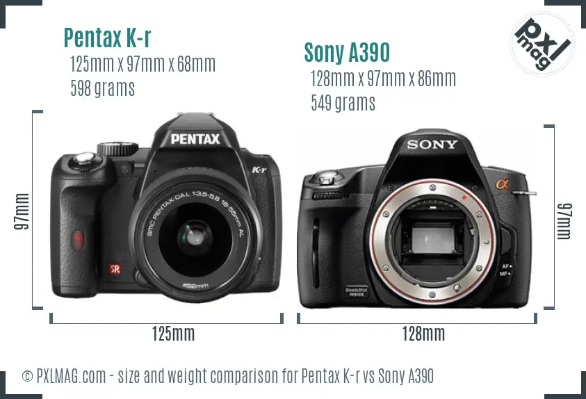 Pentax K-r vs Sony A390 size comparison