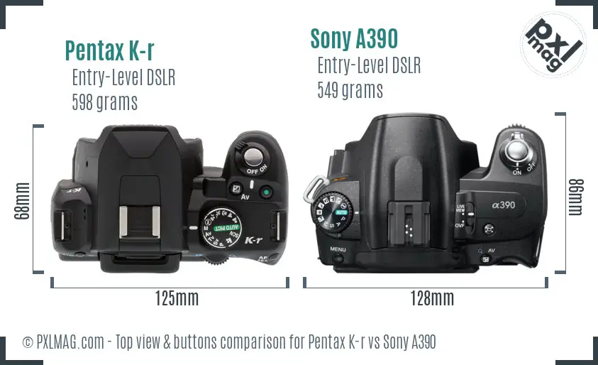 Pentax K-r vs Sony A390 top view buttons comparison