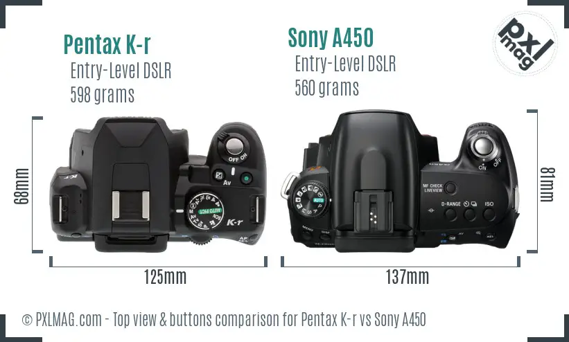 Pentax K-r vs Sony A450 top view buttons comparison