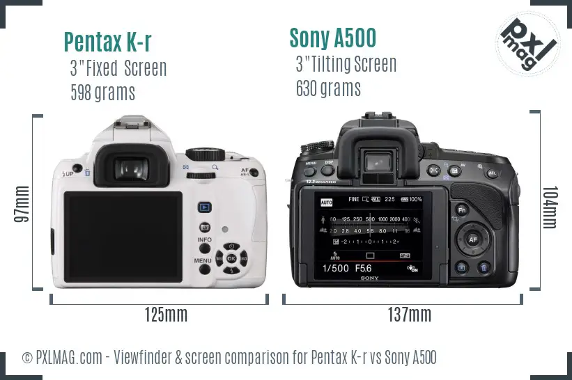 Pentax K-r vs Sony A500 Screen and Viewfinder comparison