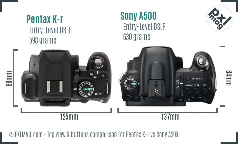 Pentax K-r vs Sony A500 top view buttons comparison