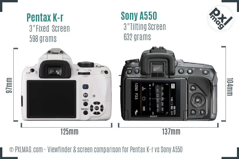 Pentax K-r vs Sony A550 Screen and Viewfinder comparison