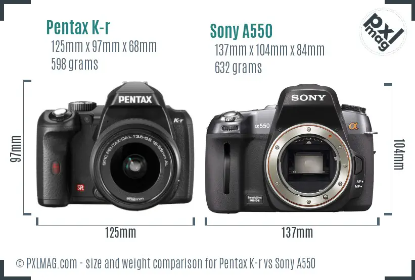 Pentax K-r vs Sony A550 size comparison