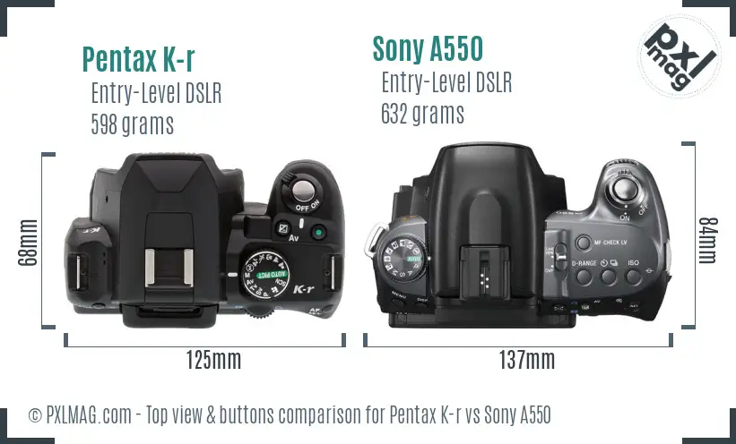 Pentax K-r vs Sony A550 top view buttons comparison
