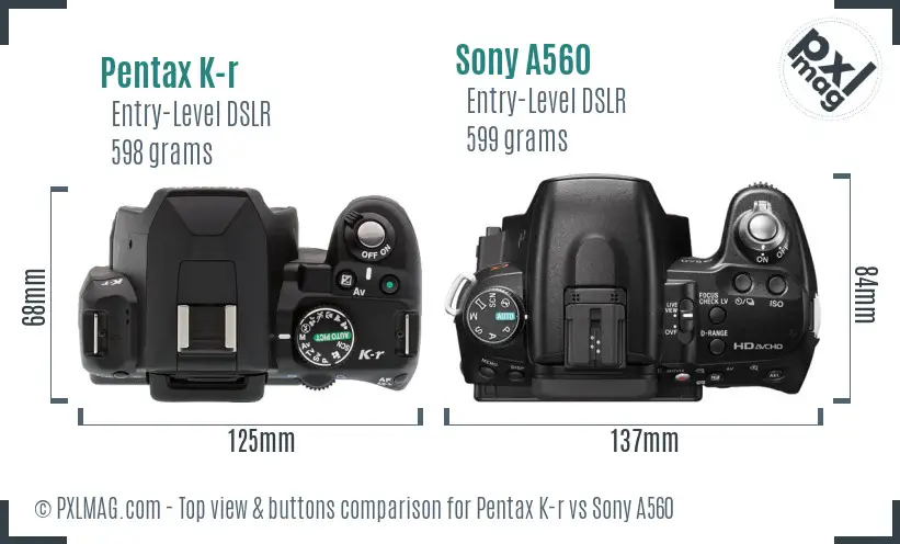 Pentax K-r vs Sony A560 top view buttons comparison