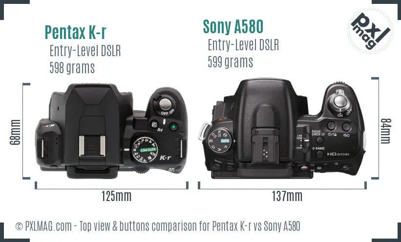 Pentax K-r vs Sony A580 top view buttons comparison Pentax K-r vs Sony A580 top view buttons comparison
