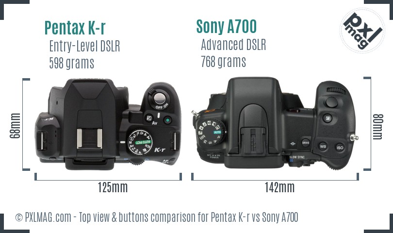 Pentax K-r vs Sony A700 top view buttons comparison