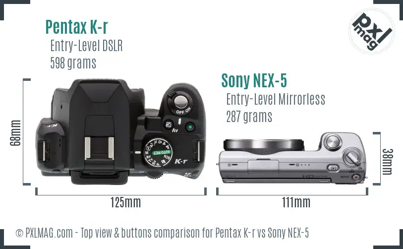 Pentax K-r vs Sony NEX-5 top view buttons comparison Pentax K-r vs Sony NEX-5 top view buttons comparison