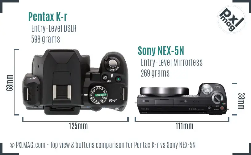 Pentax K-r vs Sony NEX-5N top view buttons comparison