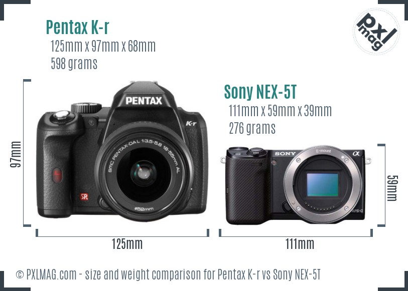 Pentax K-r vs Sony NEX-5T size comparison