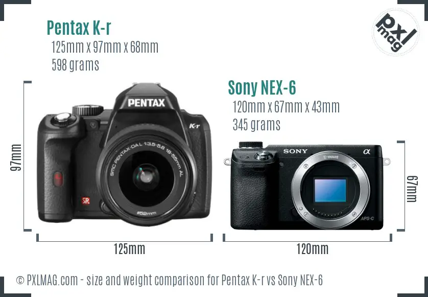 Pentax K-r vs Sony NEX-6 size comparison