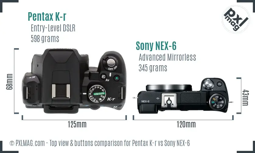 Pentax K-r vs Sony NEX-6 top view buttons comparison