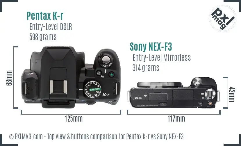 Pentax K-r vs Sony NEX-F3 top view buttons comparison