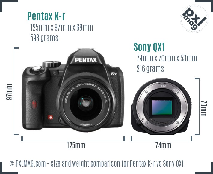 Pentax K-r vs Sony QX1 size comparison