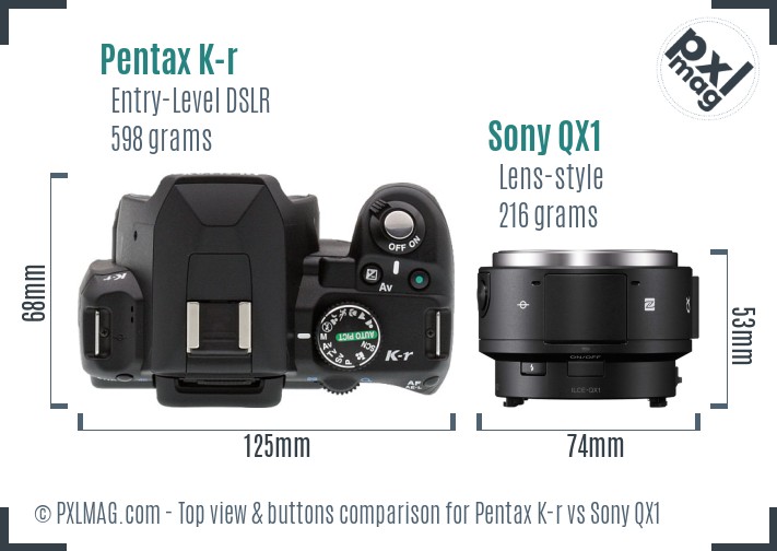 Pentax K-r vs Sony QX1 top view buttons comparison