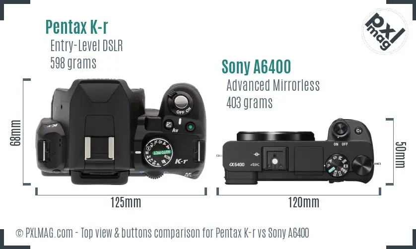 Pentax K-r vs Sony A6400 top view buttons comparison