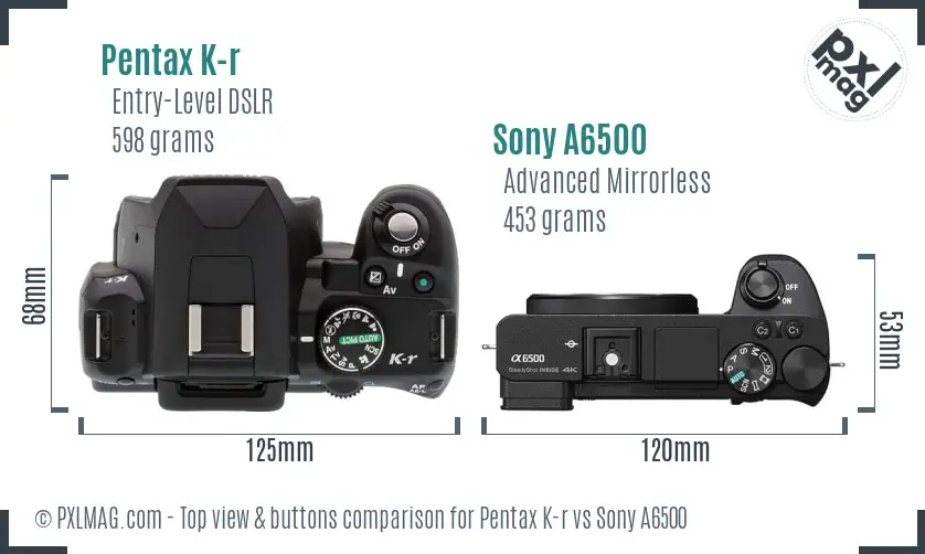 Pentax K-r vs Sony A6500 top view buttons comparison