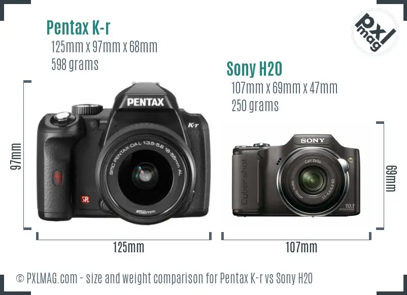 Pentax K-r vs Sony H20 size comparison