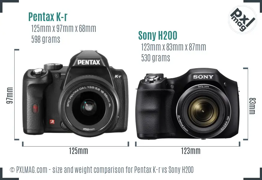 Pentax K-r vs Sony H200 size comparison