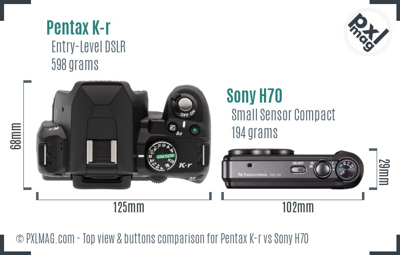 Pentax K-r vs Sony H70 top view buttons comparison