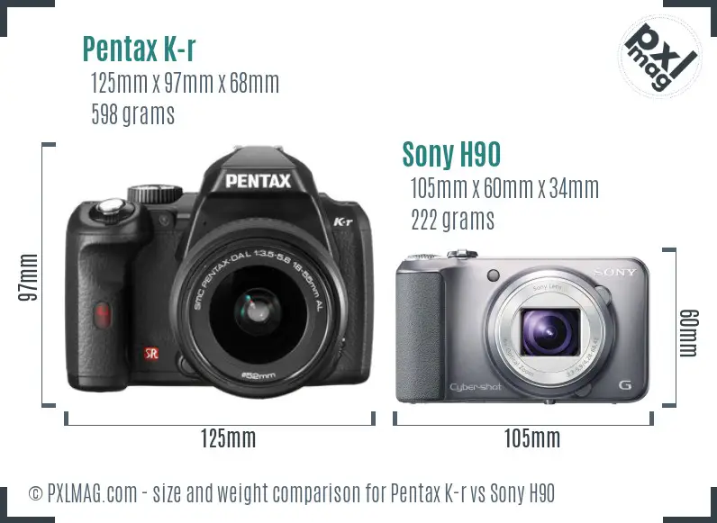 Pentax K-r vs Sony H90 size comparison