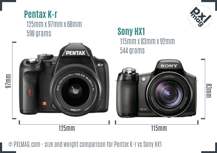 Pentax K-r vs Sony HX1 size comparison