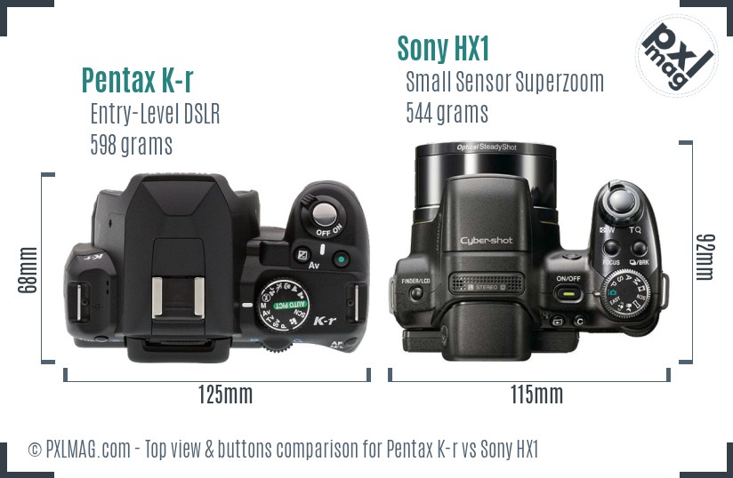Pentax K-r vs Sony HX1 top view buttons comparison
