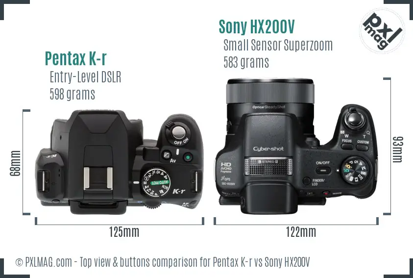 Pentax K-r vs Sony HX200V top view buttons comparison