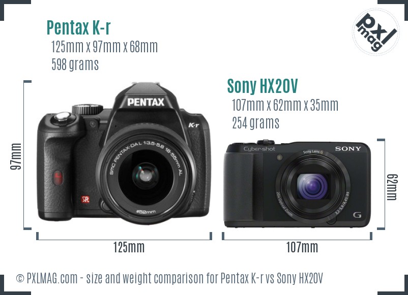 Pentax K-r vs Sony HX20V size comparison