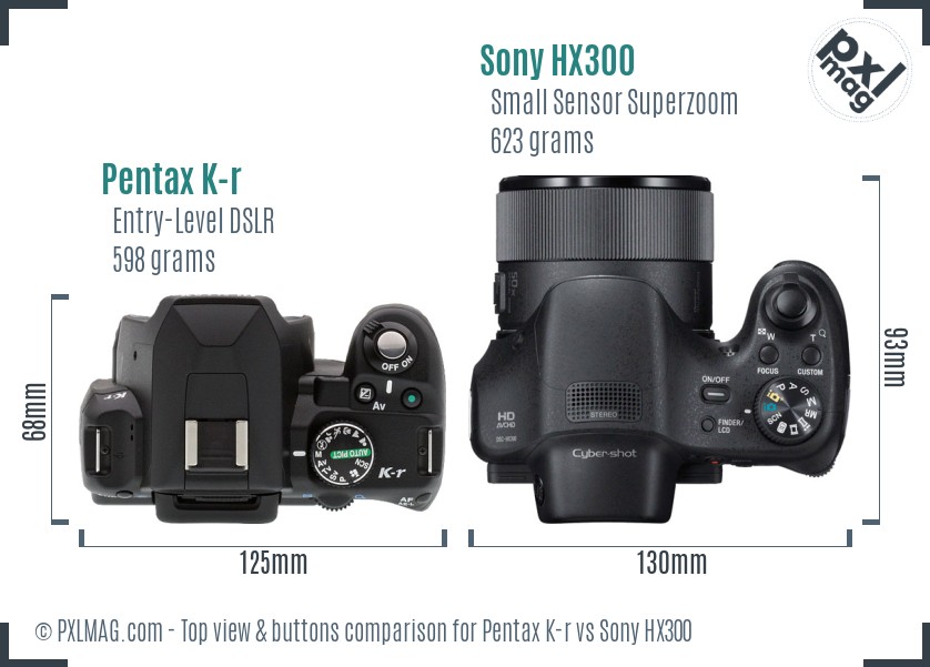 Pentax K-r vs Sony HX300 top view buttons comparison