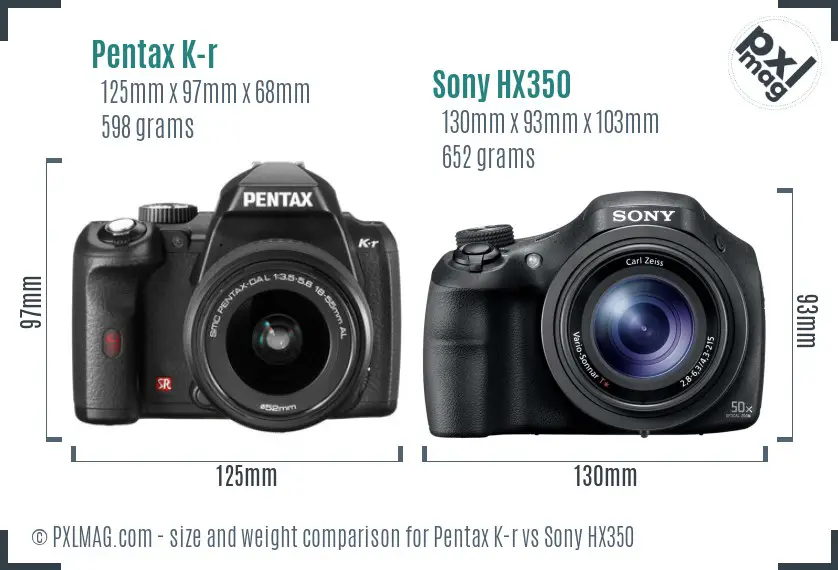 Pentax K-r vs Sony HX350 size comparison