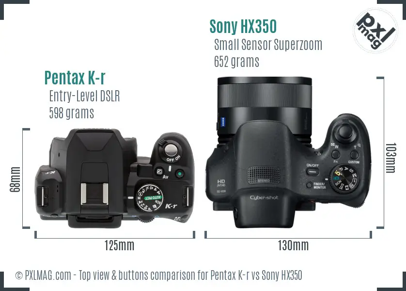 Pentax K-r vs Sony HX350 top view buttons comparison