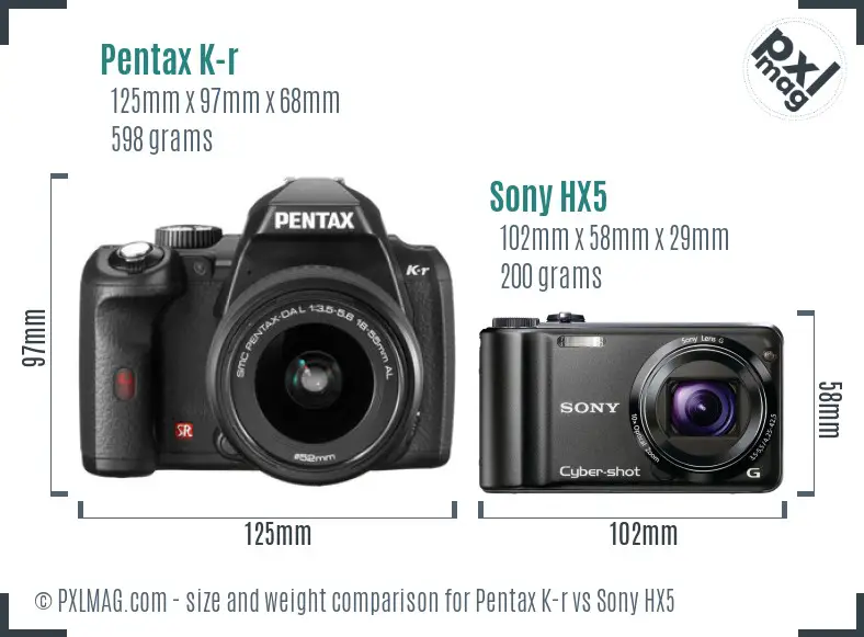 Pentax K-r vs Sony HX5 size comparison